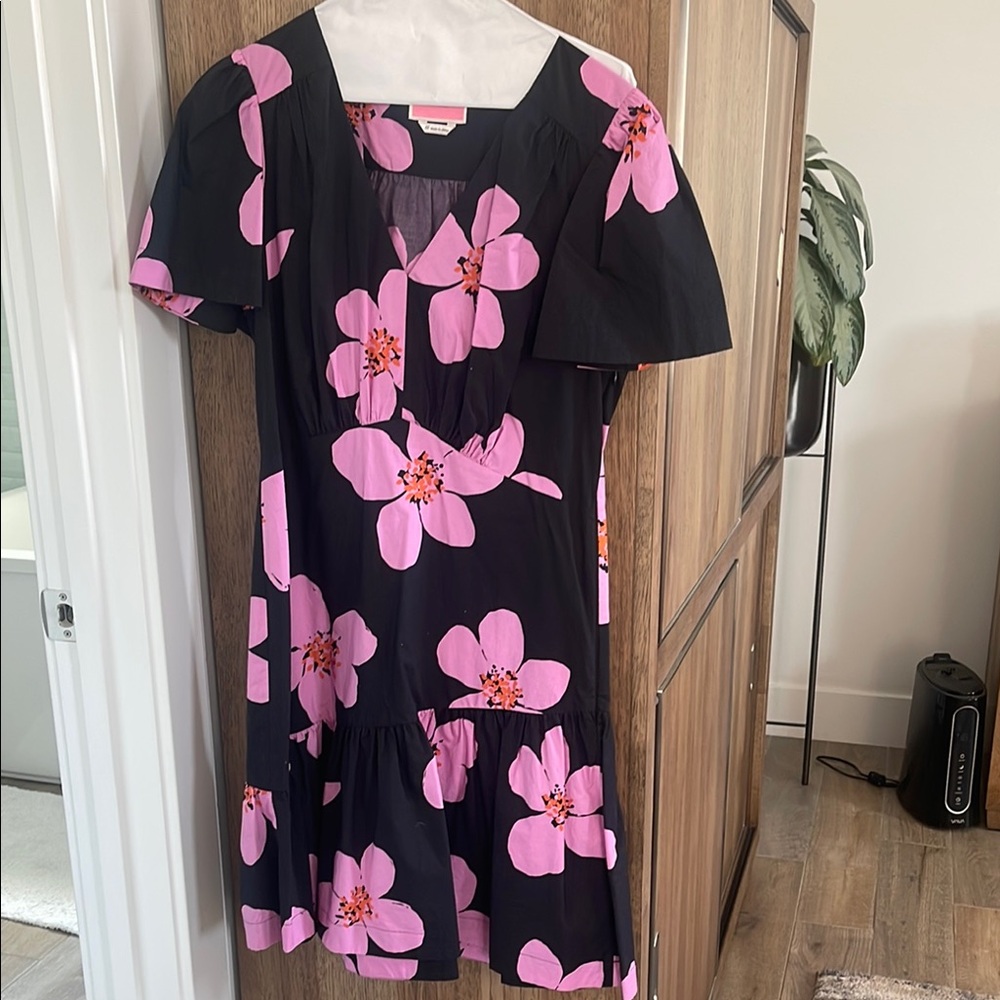 Kate Spade Black and Pink Puff Sleeve Midi Dress
